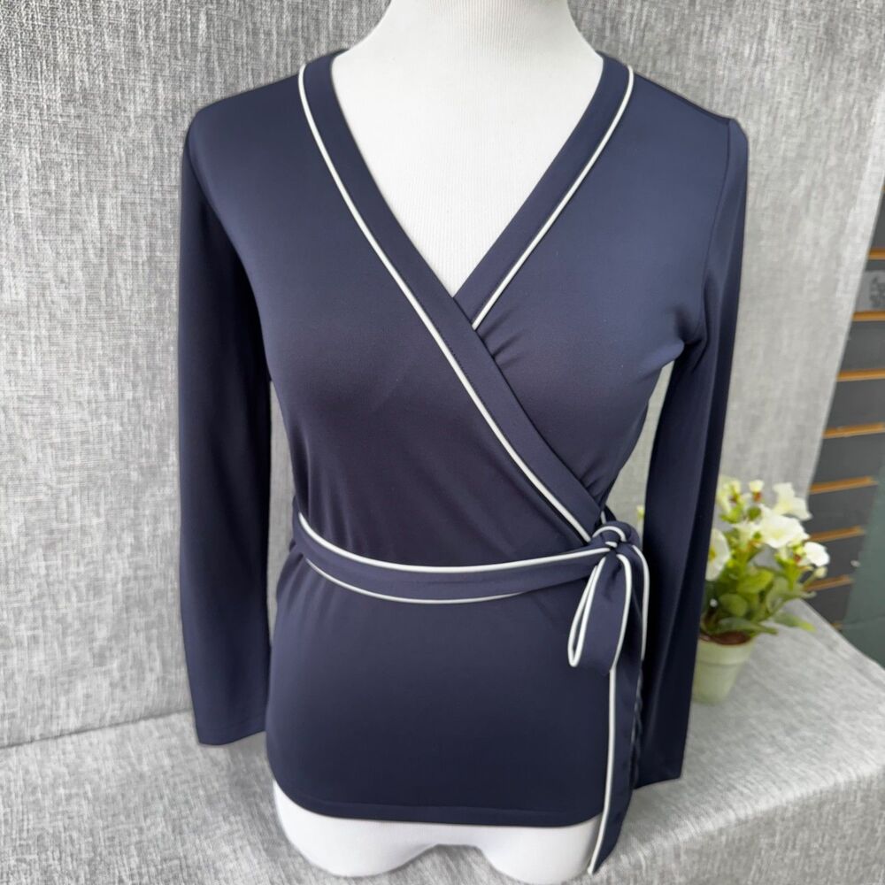 Ann Taylor Navy Blue Faux Wrap Top Petite XXS V-Neck Full Sleeve Stretch PXS PS